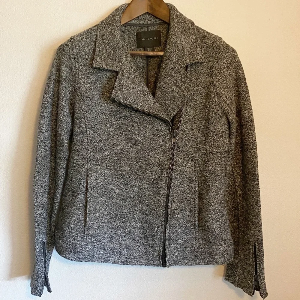Tahari Wool Asymmetrical Zip Moto Jacket - Picture 3 of 8